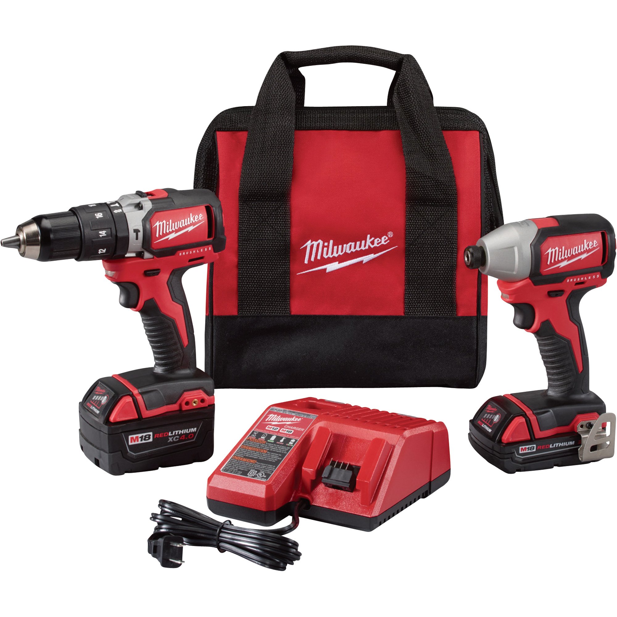 Milwaukee M18 Li-Ion Brushless Compact Power Tool Set — 1/2in. Hammer Drill/Driver & 1/4in. Hex Impact Driver, With 2 Batteries, Model# 2799-22CX
